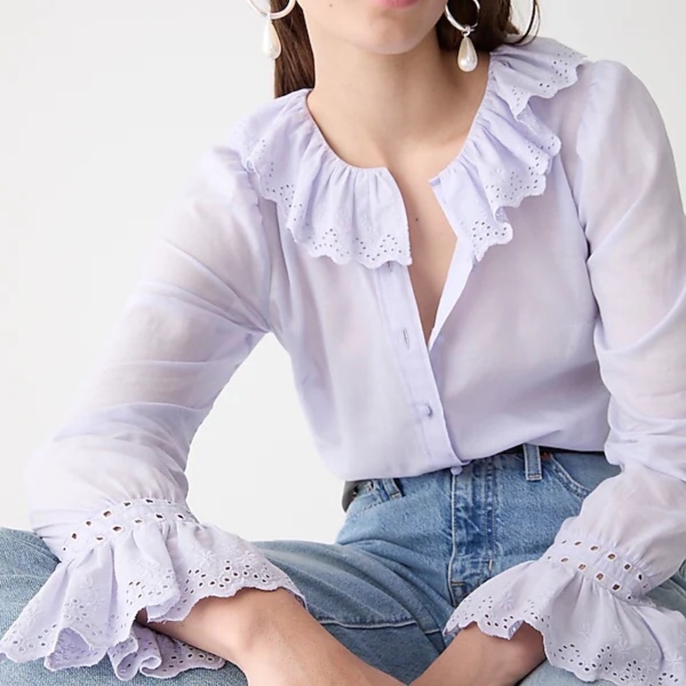 J CREW EMBROIDERED RUFFLE EYELET COLLAR BLOUSE TOP SWEET HYACINTH NWT SZ 8
